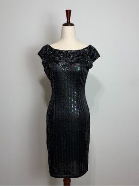 NADINE Vintage Sequin Dress Black Sequin Cap-Sleeve Cocktail Dress